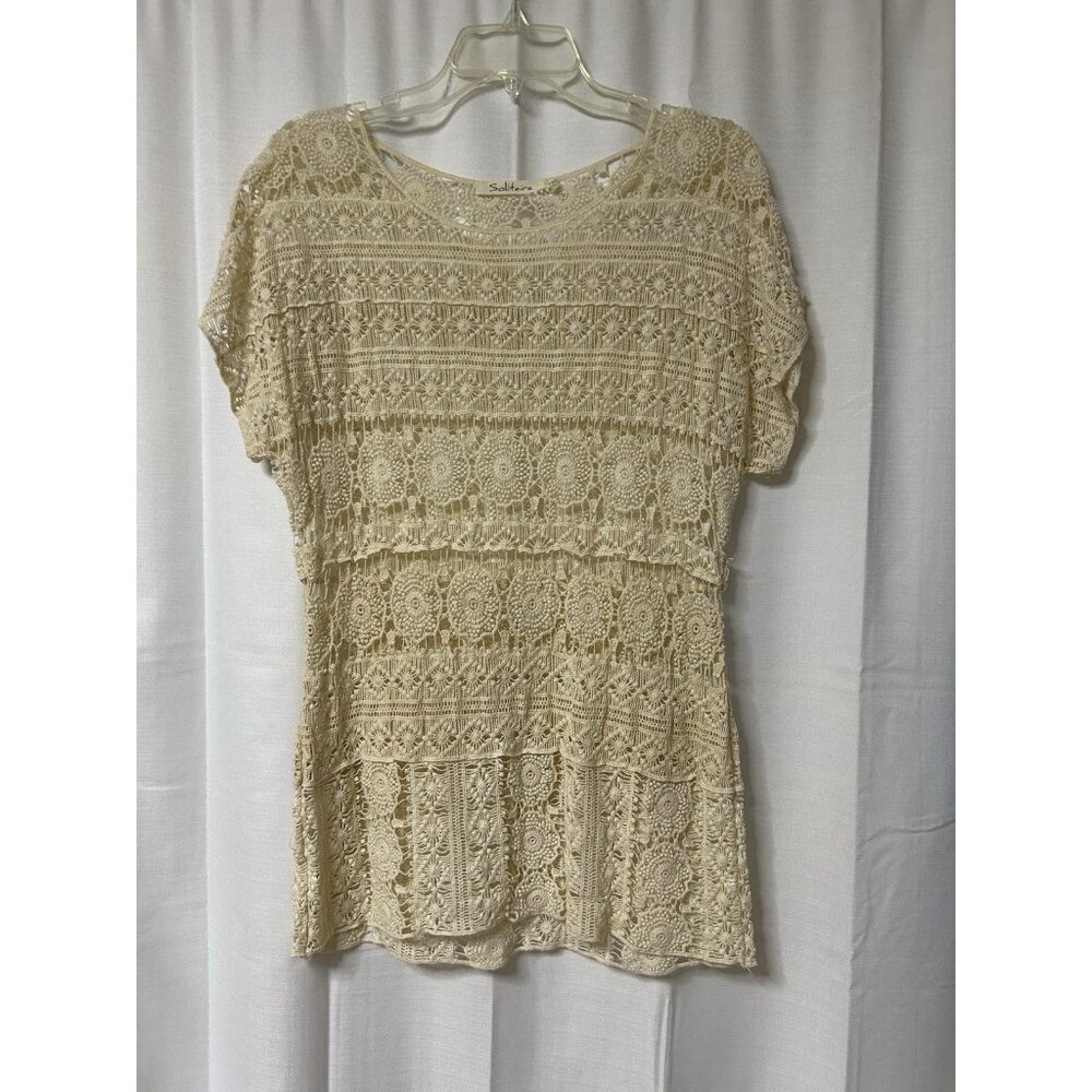 Solitaire Blouse Womens Large Top Lace Beige Cream Short Sleeve Open Crochet S